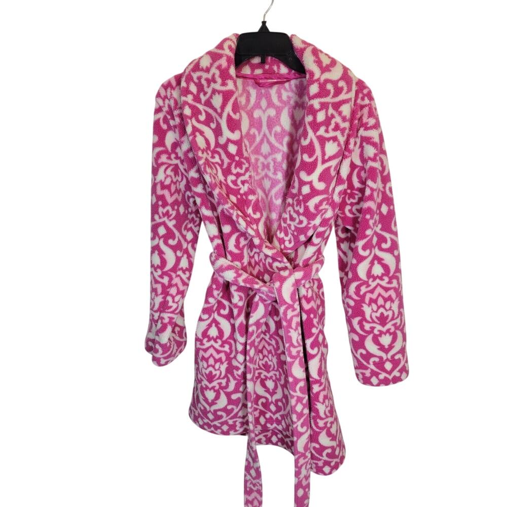 PINK K Sleep wear Robe‎ Pink Damask Print Plush Chunky Women's Sz Small